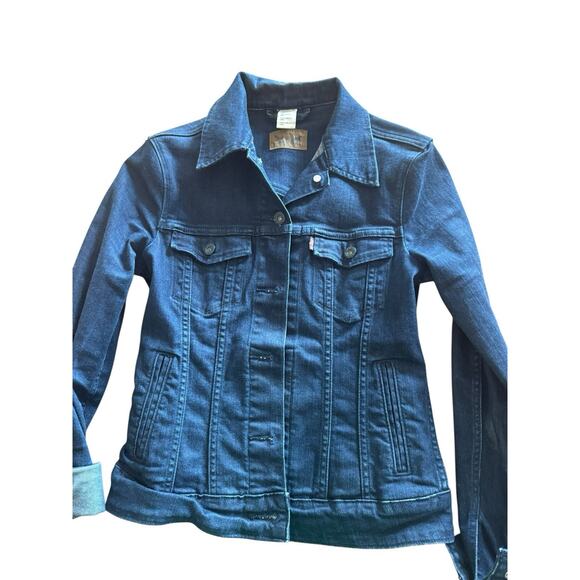 Vintage Levi Strauss womens XS Boho Western dark wash Trucker blue jean jacket - Picture 1 of 10